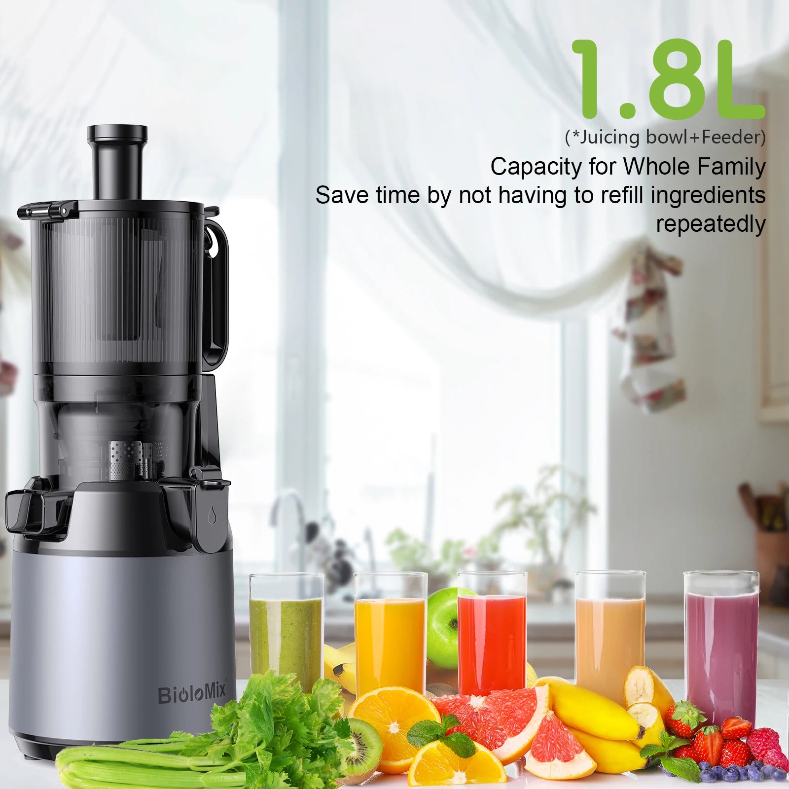 BioloMix Kaltpress Entsafter mit 130 mm Einfüllöffnung – Für ganze Früchte & Gemüse geeignet, Hohe Saftausbeute, BPA-freier Slow Juicer - LuminaryBuys