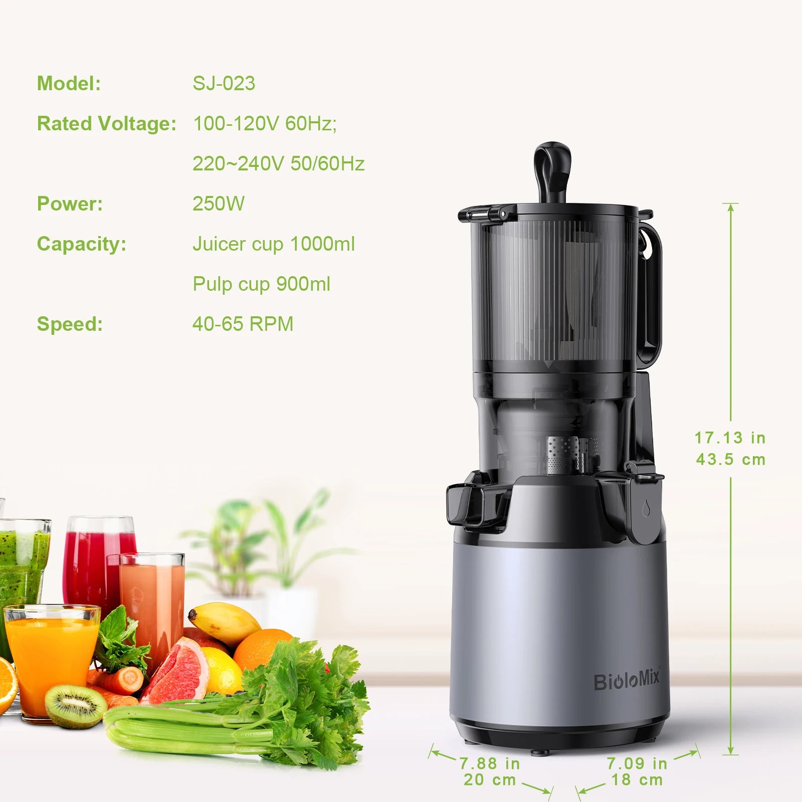 BioloMix Kaltpress Entsafter mit 130 mm Einfüllöffnung – Für ganze Früchte & Gemüse geeignet, Hohe Saftausbeute, BPA-freier Slow Juicer - LuminaryBuys